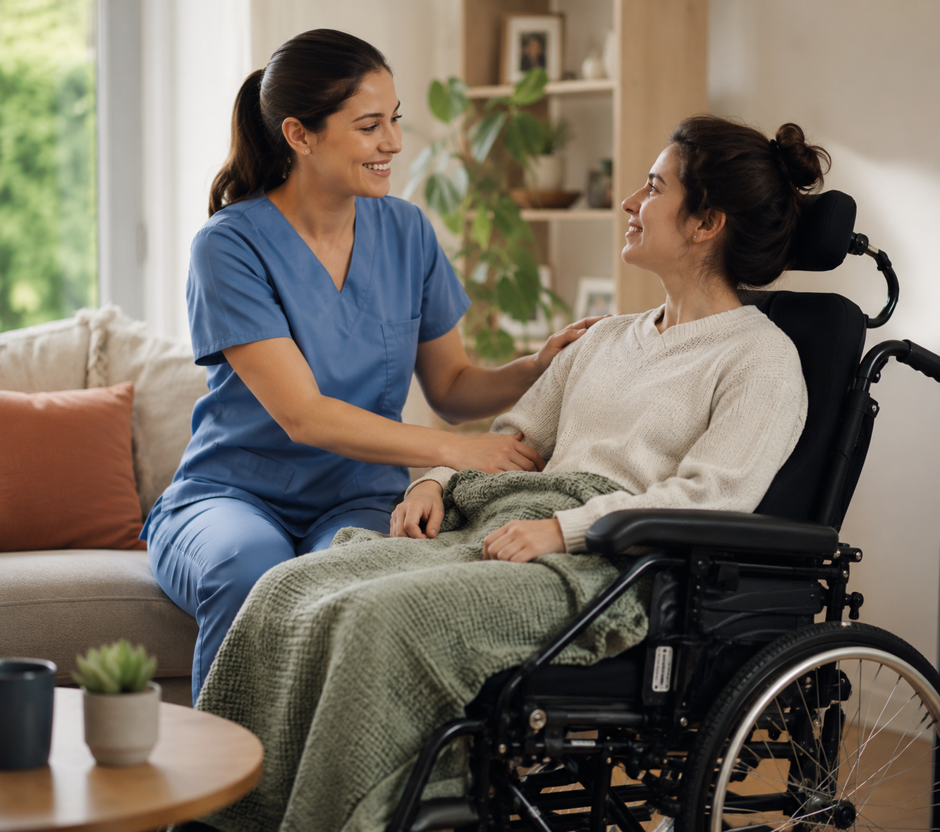 Nurse with disabled woman in wheelchair